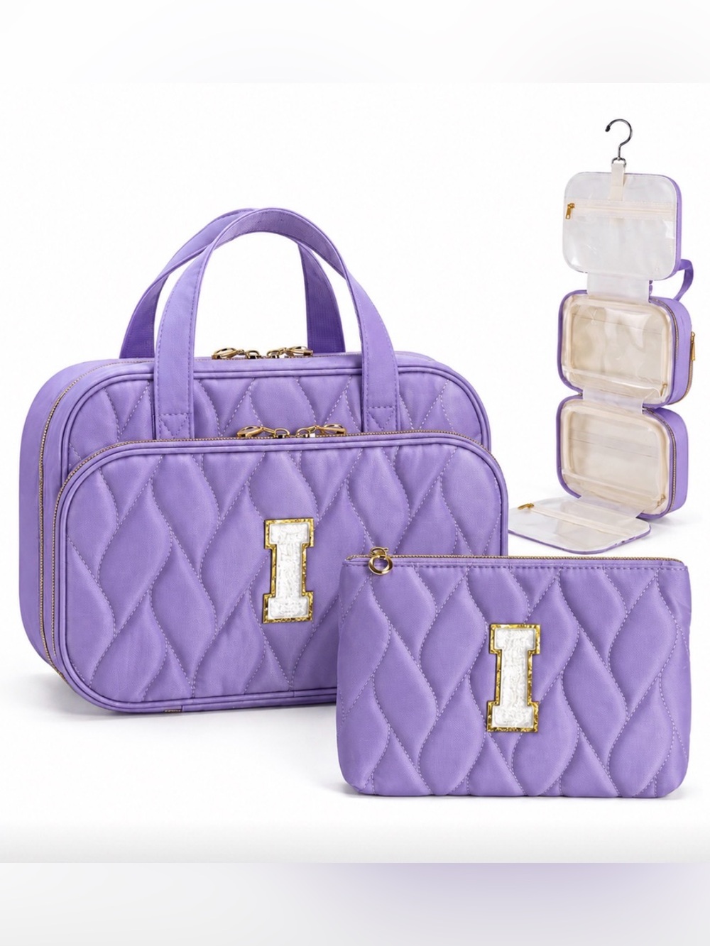 Initial Toiletry Bag Travel Makeup Bag -Hanging Toiletry Bag Lavender Initial I